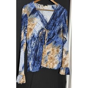 Vintage Y2K Floral Bell Sleeve  2X Ruched Front Catty Blouse fitted babydoll